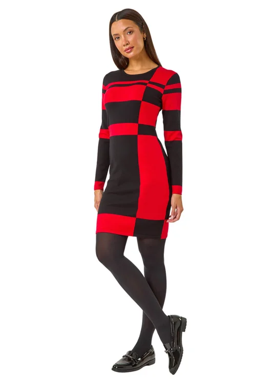 Roman Red Colour Block Knitted Dress - 18 Image 2