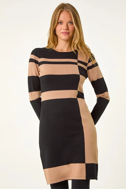 Roman Camel Colour Block Knitted Dress - 14 Image 2