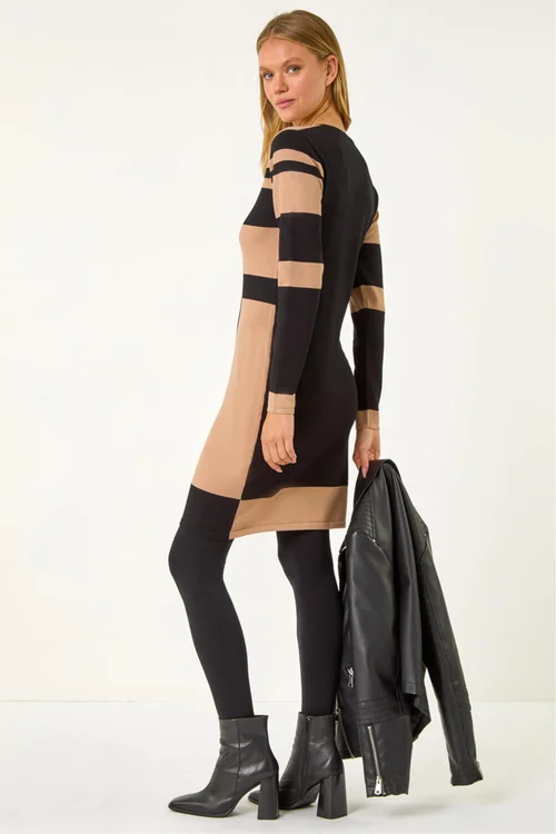 Roman Camel Colour Block Knitted Dress - 14 Image 3