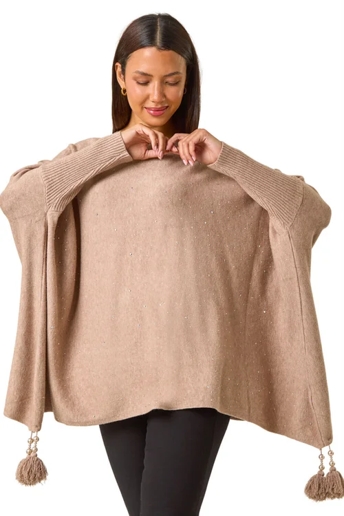 Roman Beige Sparkle Embellished Tassel Poncho - One Size Image 1