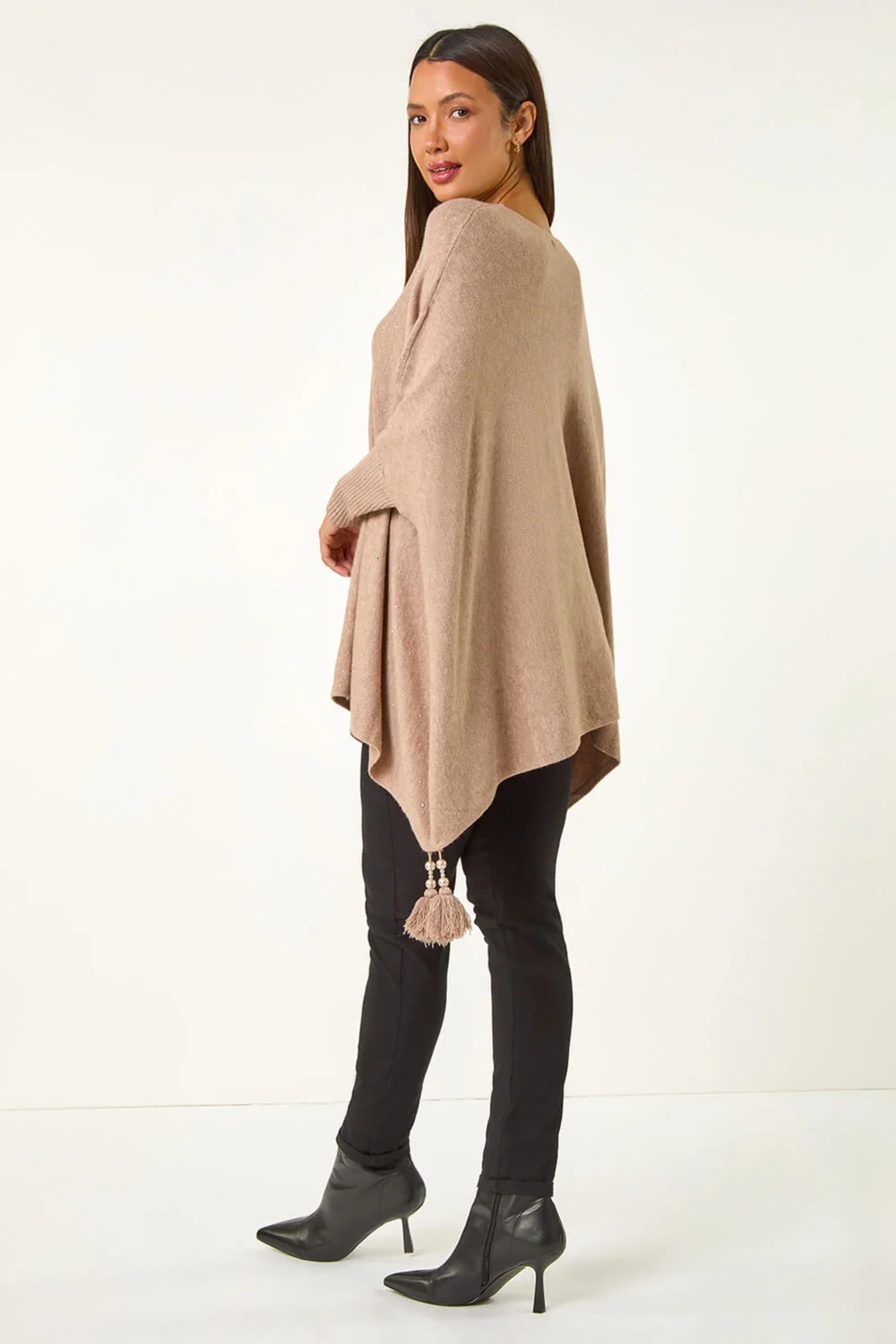 Roman Beige Sparkle Embellished Tassel Poncho - One Size Image 3