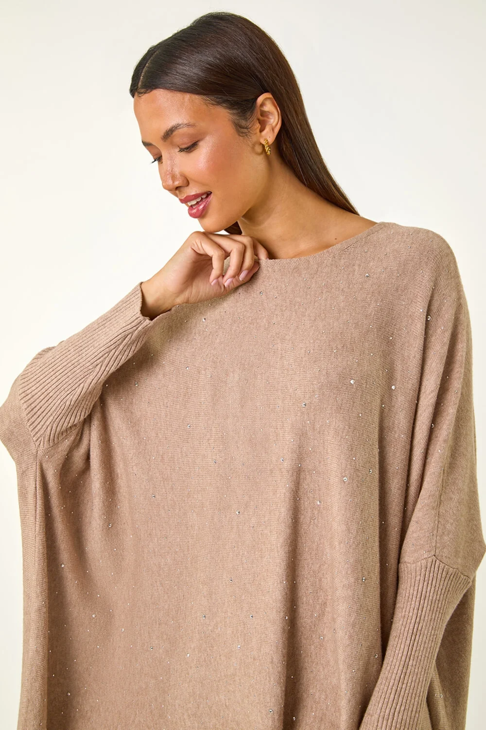Roman Beige Sparkle Embellished Tassel Poncho - One Size Image 4
