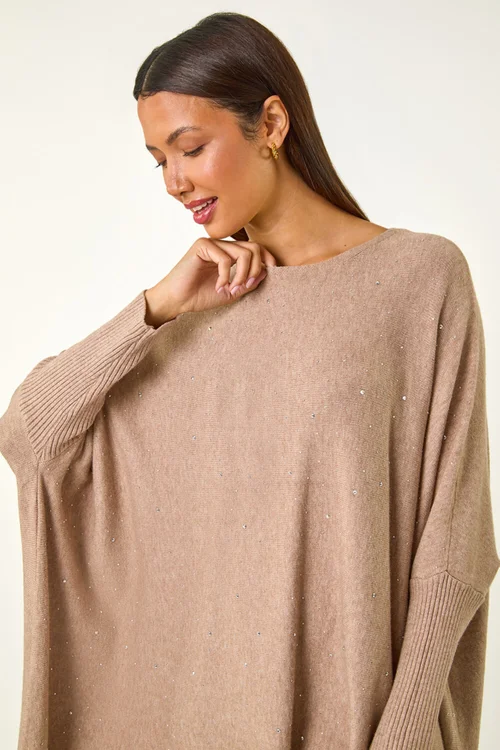 Roman Beige Sparkle Embellished Tassel Poncho - One Size Image 4