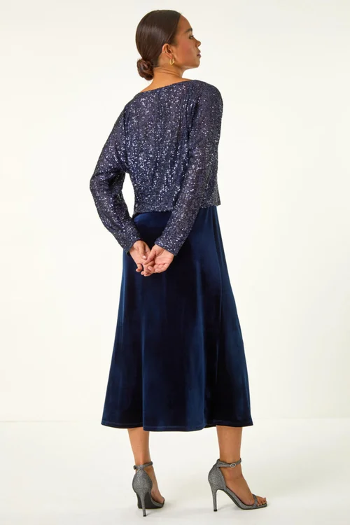 Roman Navy Petite Contrast Sequin Velvet Dress - 12 Image 4
