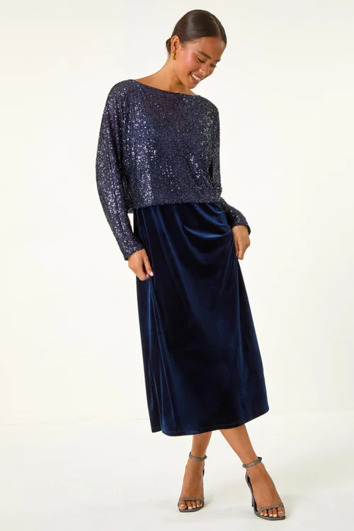 Roman Navy Petite Contrast Sequin Velvet Dress - 12 Image 3