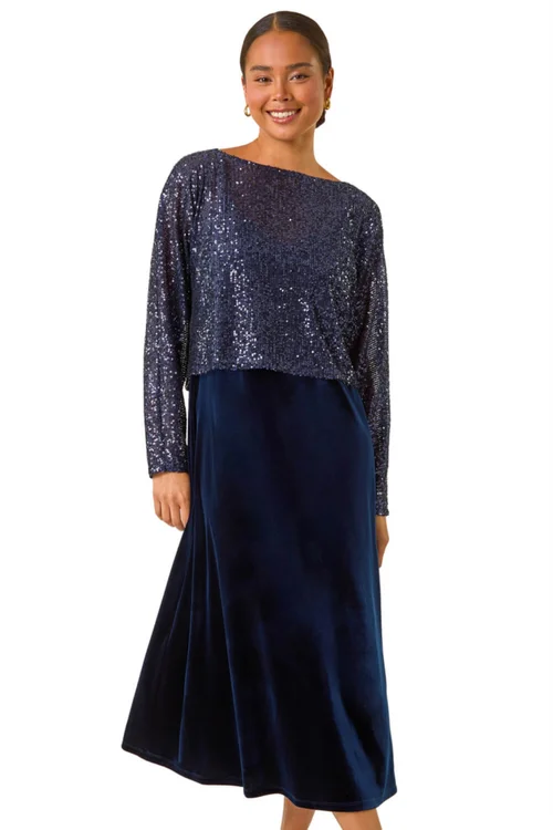 Roman Navy Petite Contrast Sequin Velvet Dress - 12 Image 1