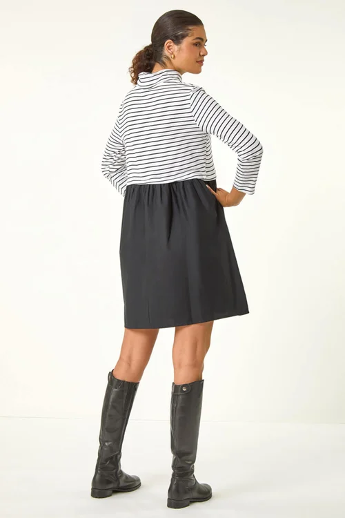 Roman Black Stripe Print High Neck Smock Dress - 10 Image 3