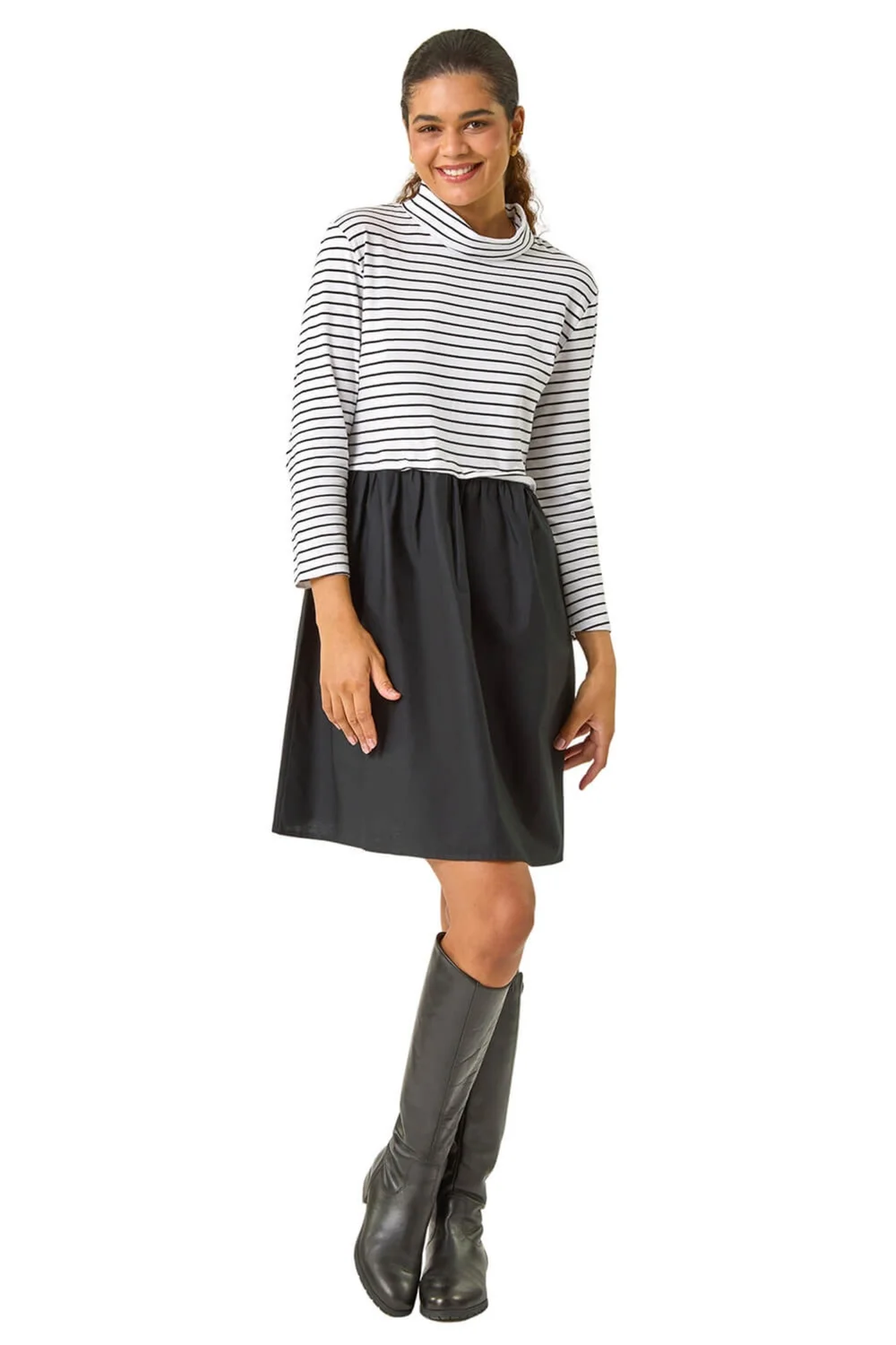 Roman Black Stripe Print High Neck Smock Dress - 10 Image 2