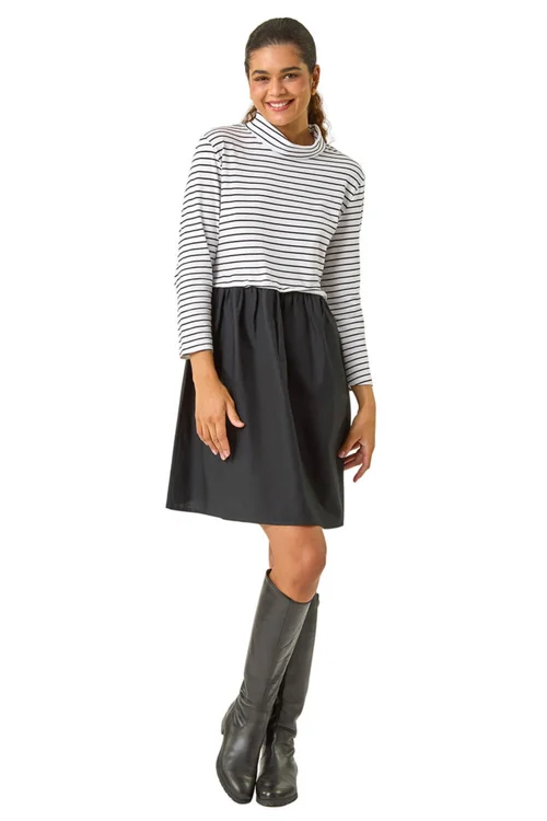 Roman Black Stripe Print High Neck Smock Dress - 10 Image 2