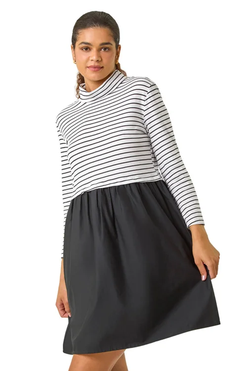 Roman Black Stripe Print High Neck Smock Dress - 10 Image 1