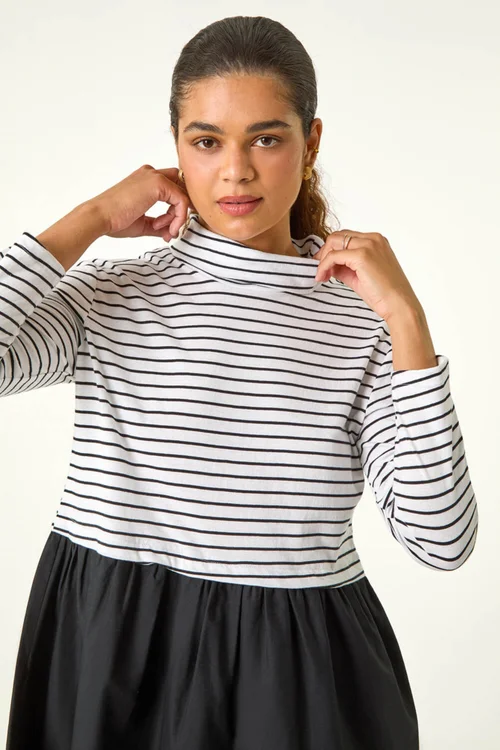 Roman Black Stripe Print High Neck Smock Dress - 10 Image 4