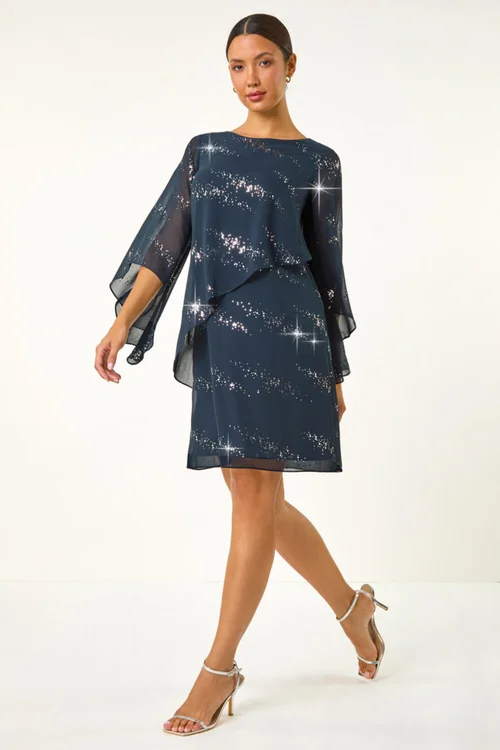 Roman Navy Sequin Embellished Asymmetric Overlay Dress - 16 Image 3