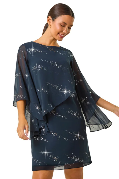 Roman Navy Sequin Embellished Asymmetric Overlay Dress - 16 Image 1