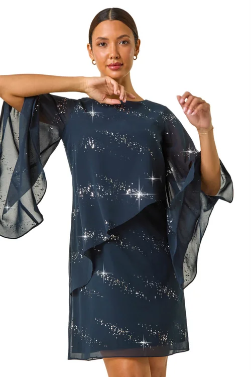 Roman Navy Sequin Embellished Asymmetric Overlay Dress - 16 Image 2