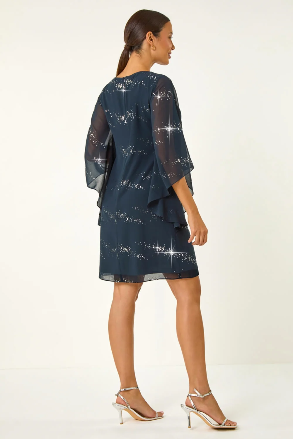 Roman Navy Sequin Embellished Asymmetric Overlay Dress - 16 Image 4