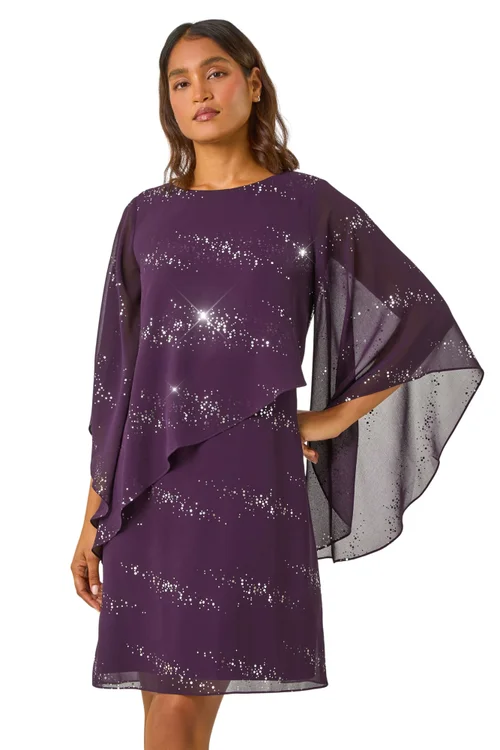 Roman Purple Sequin Embellished Asymmetric Overlay Dress - 14 Image 1