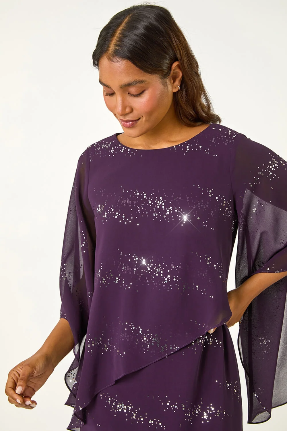 Roman Purple Sequin Embellished Asymmetric Overlay Dress - 14 Image 4