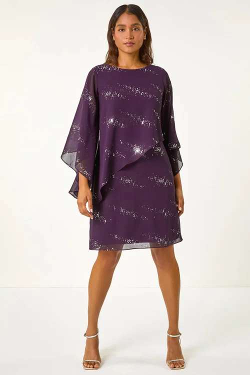 Roman Purple Sequin Embellished Asymmetric Overlay Dress - 14 Image 3