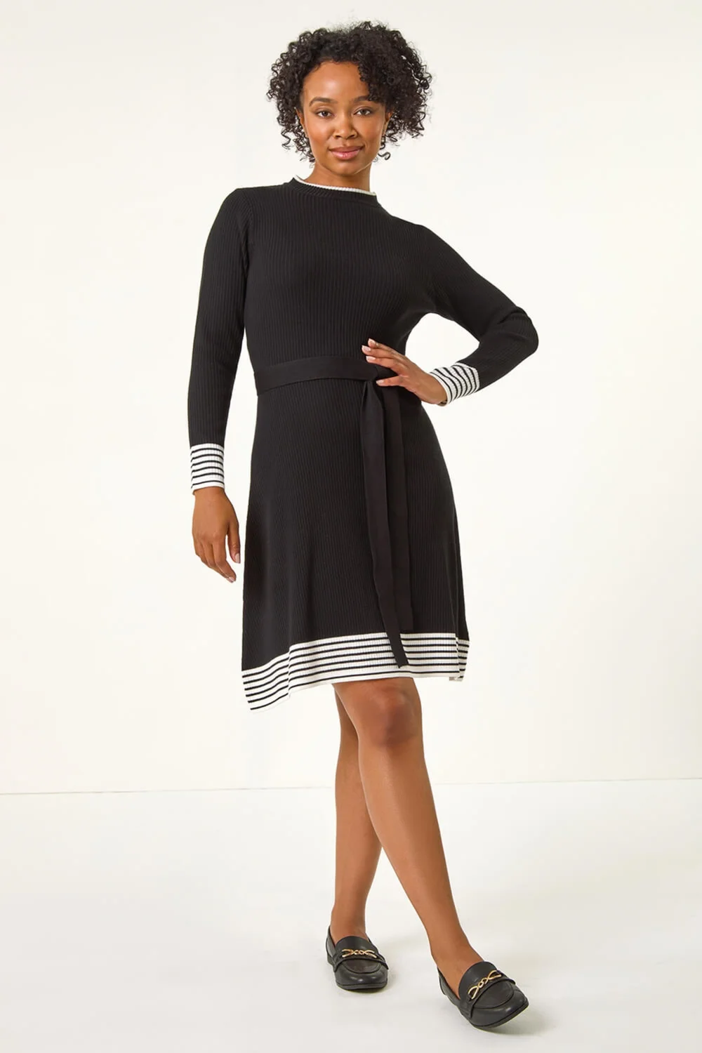 Roman Black Petite Stripe Knitted Midi Dress - Size 8 Image 2