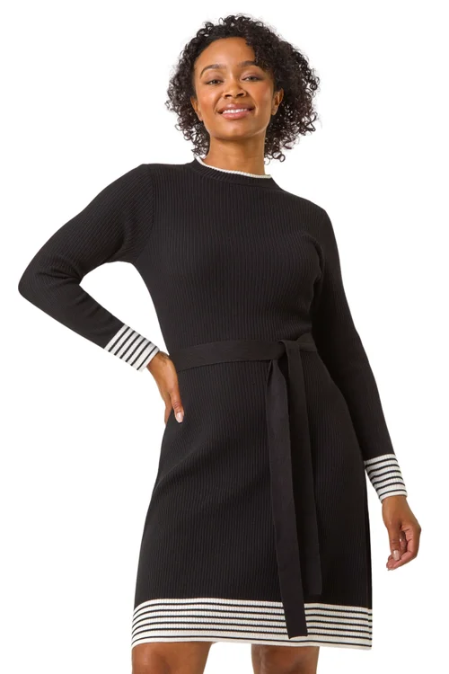 Roman Black Petite Stripe Knitted Midi Dress - Size 8 Image 1