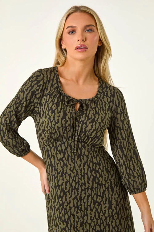 Roman Khaki Petite Abstract Tie Front Stretch Jersey - 8 Image 4