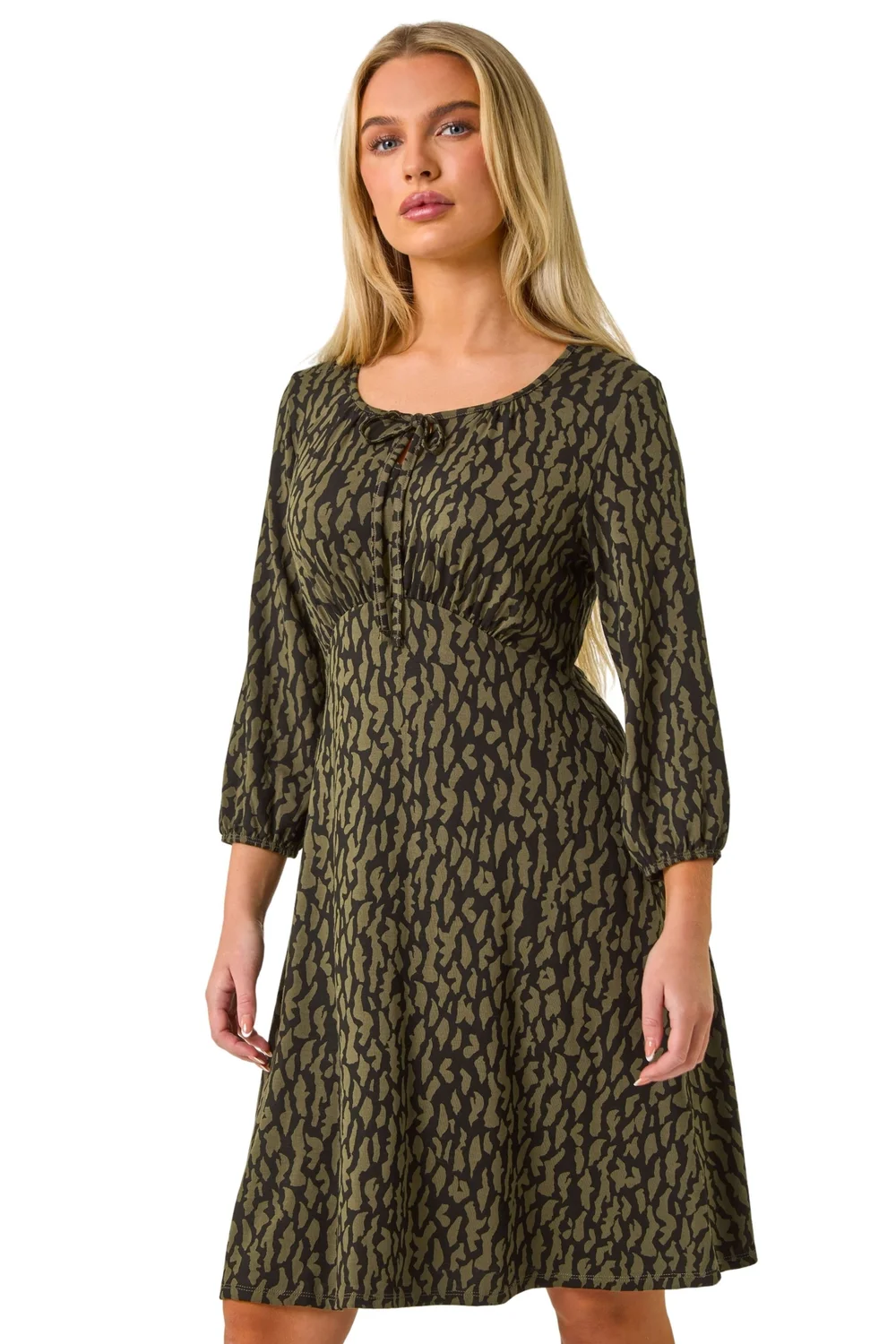 Roman Khaki Petite Abstract Tie Front Stretch Jersey - 8 Image 1