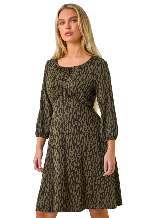 Roman Khaki Petite Abstract Tie Front Stretch Jersey - 8 Image 1