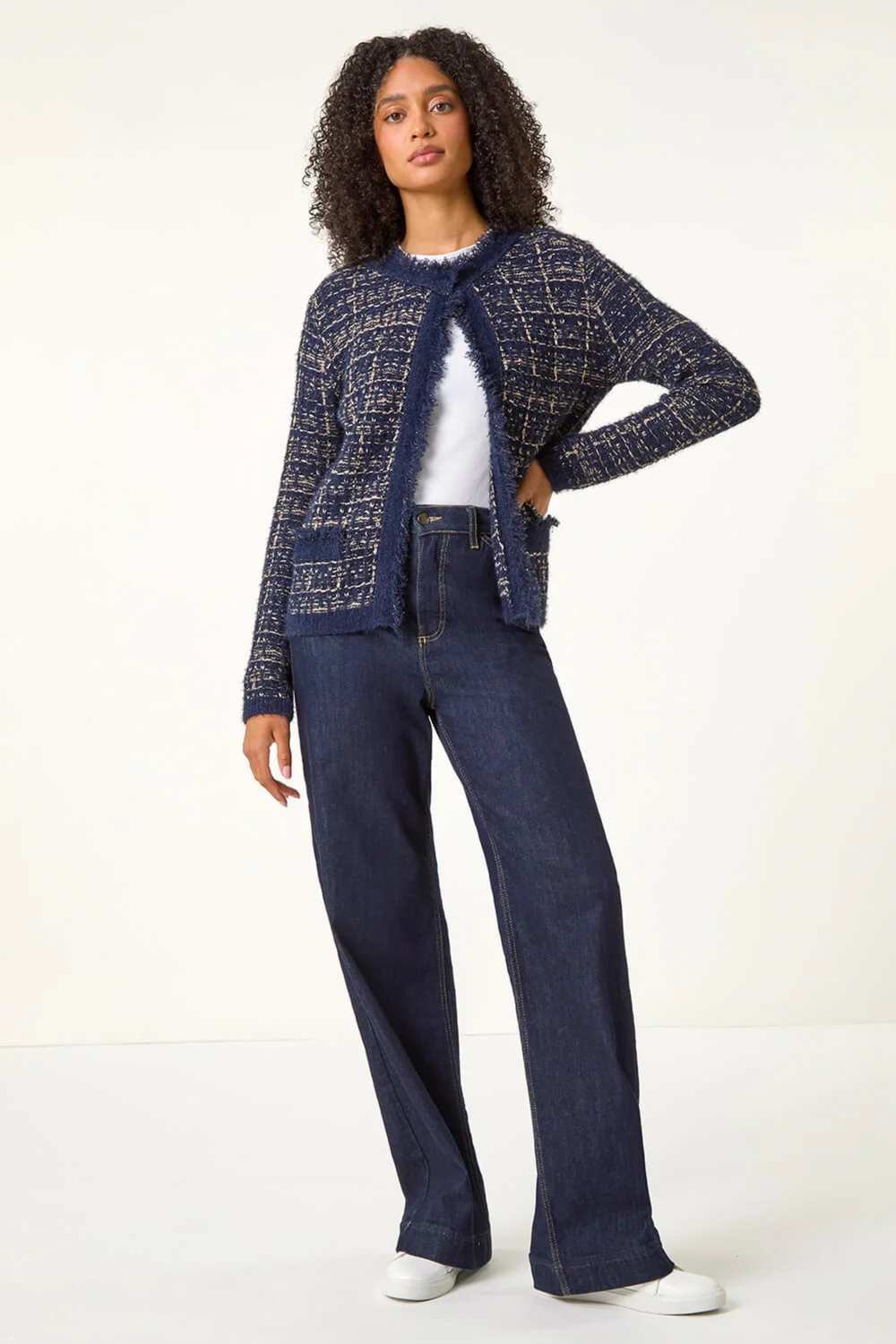 Roman Midnight Blue Textured Pattern Pocket Detail Cardigan - Size 14 Image 4