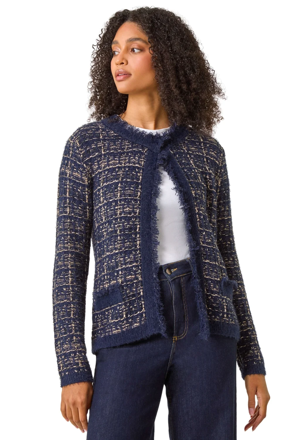 Roman Midnight Blue Textured Pattern Pocket Detail Cardigan - Size 14 Image 1