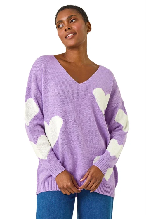 Roman Lilac V-Neck Heart Detail Knit Jumper - 10 Image 1