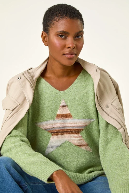 Roman Soft Green Soft V-Neck Star Jumper - 10 Image 2