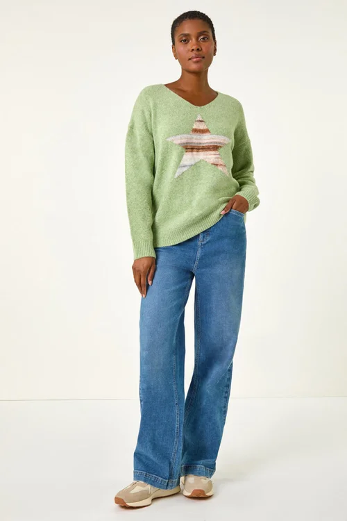 Roman Soft Green Soft V-Neck Star Jumper - 10 Image 3