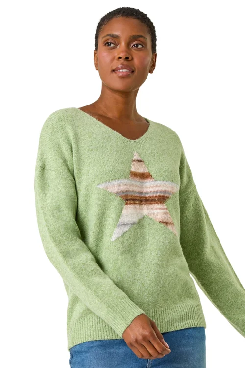 Roman Soft Green Soft V-Neck Star Jumper - 10 Image 1