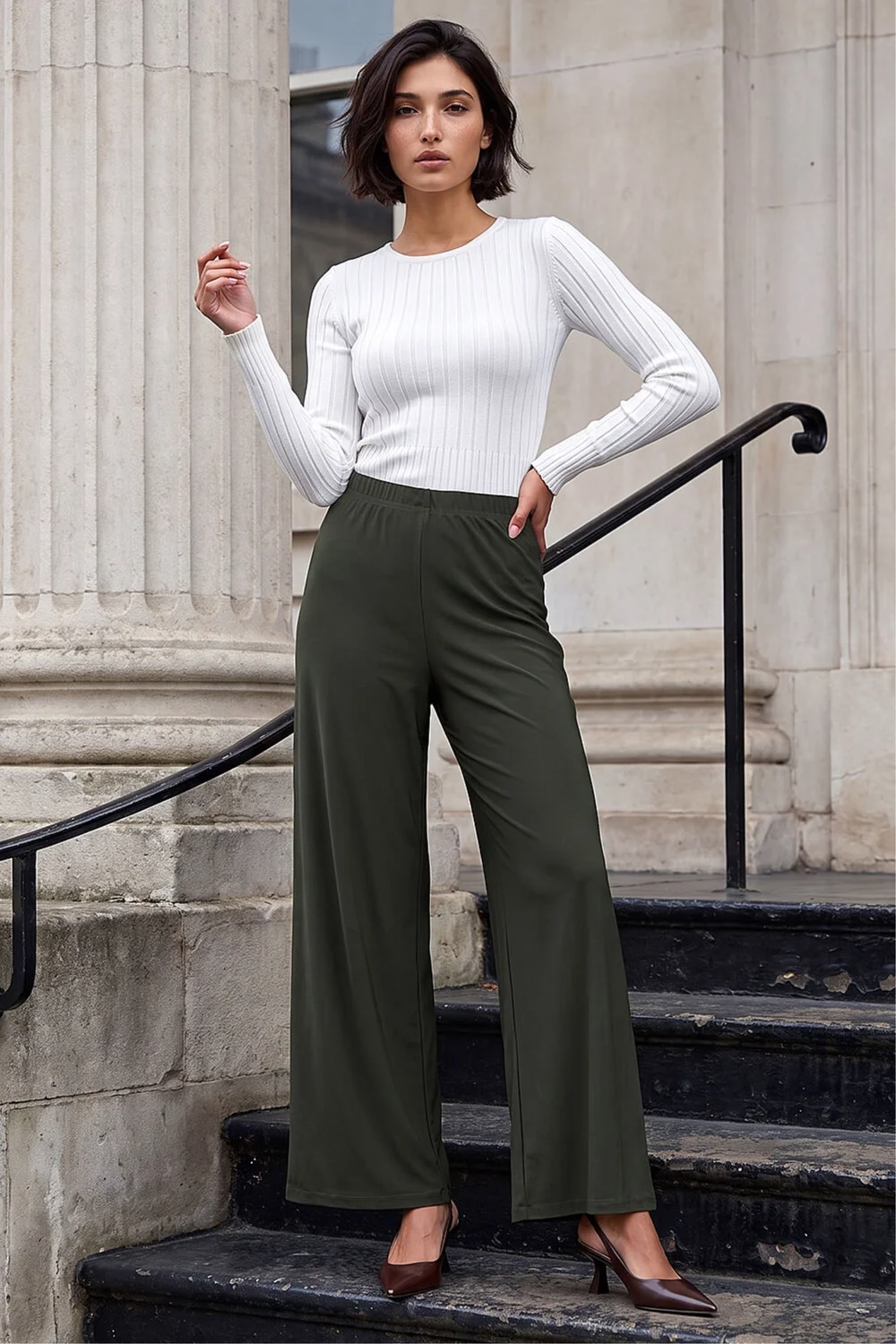 Roman Khaki Petite Elastic Waist Wide Leg Stretch Trouser - 12 Image 2