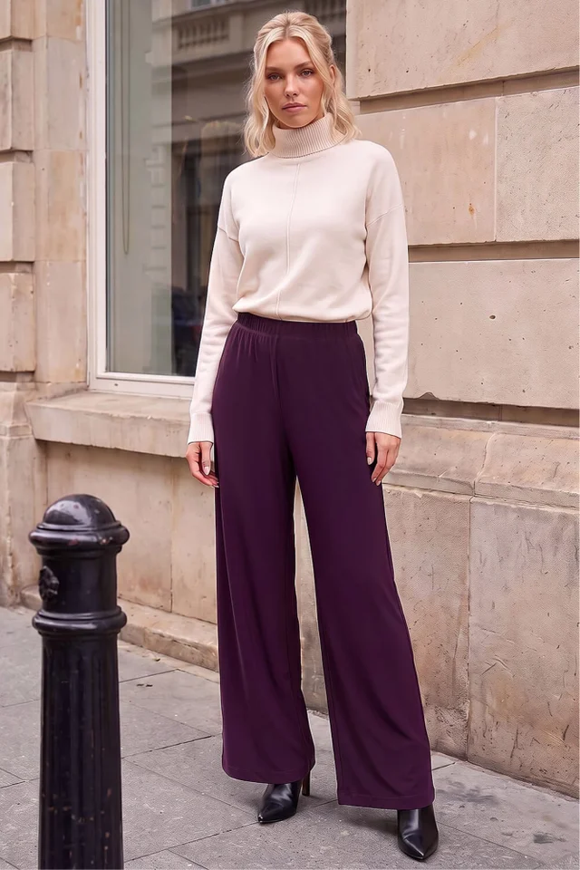 Roman Plum Petite Elastic Waist Wide Leg Stretch Trouser