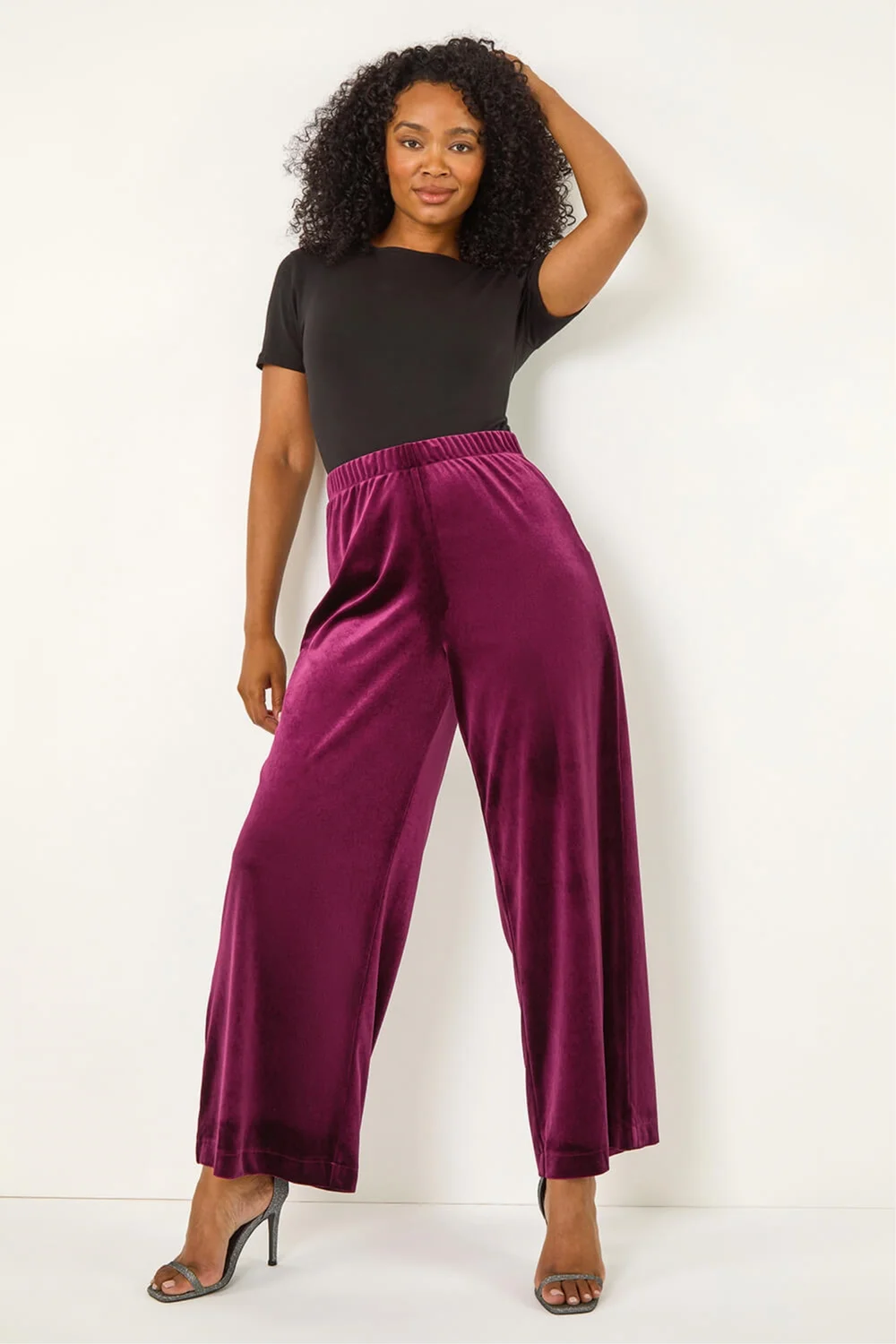 Roman Plum Petite Wide Leg Velvet Stretch Trouser - 8 Image 2