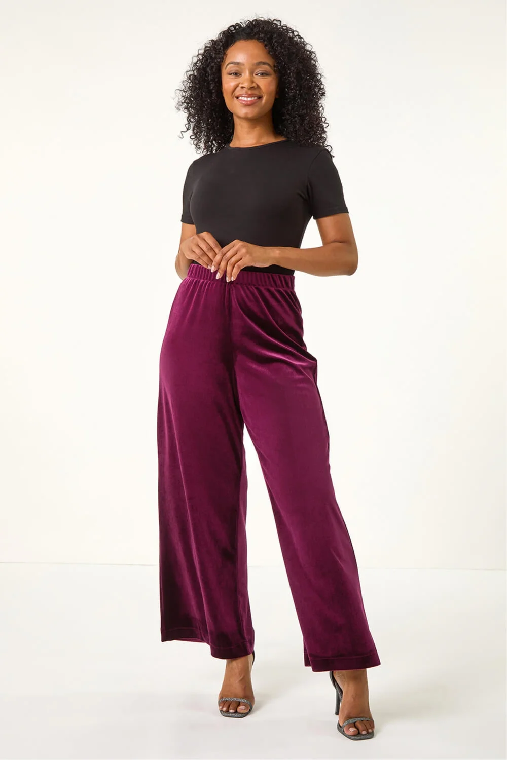 Roman Plum Petite Wide Leg Velvet Stretch Trouser - 8 Image 1