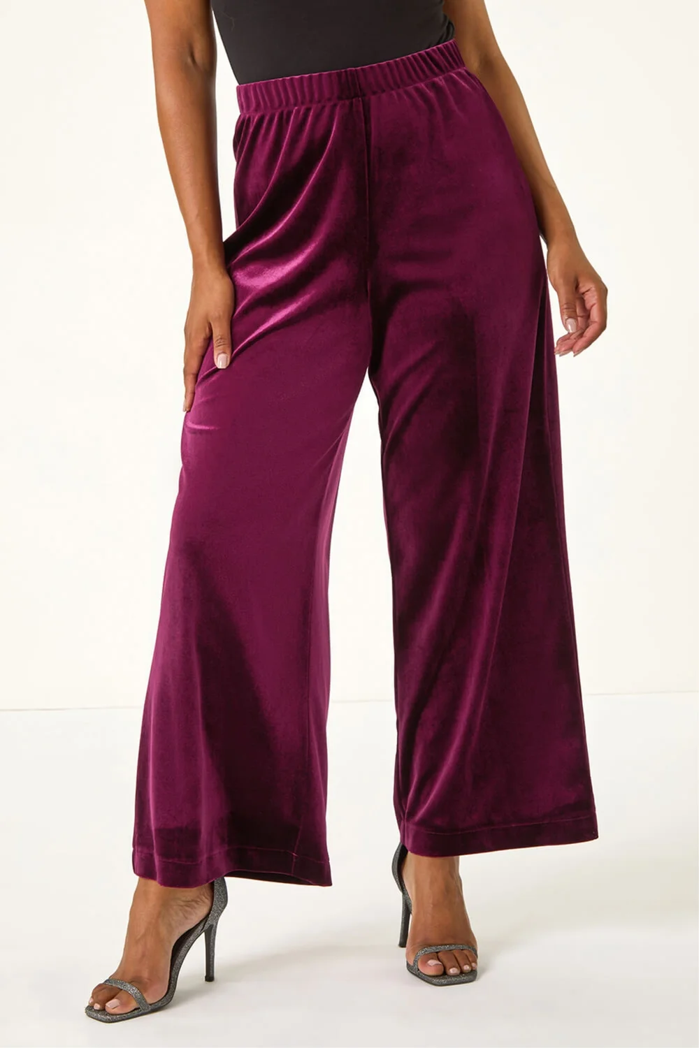 Roman Plum Petite Wide Leg Velvet Stretch Trouser - 8 Image 4