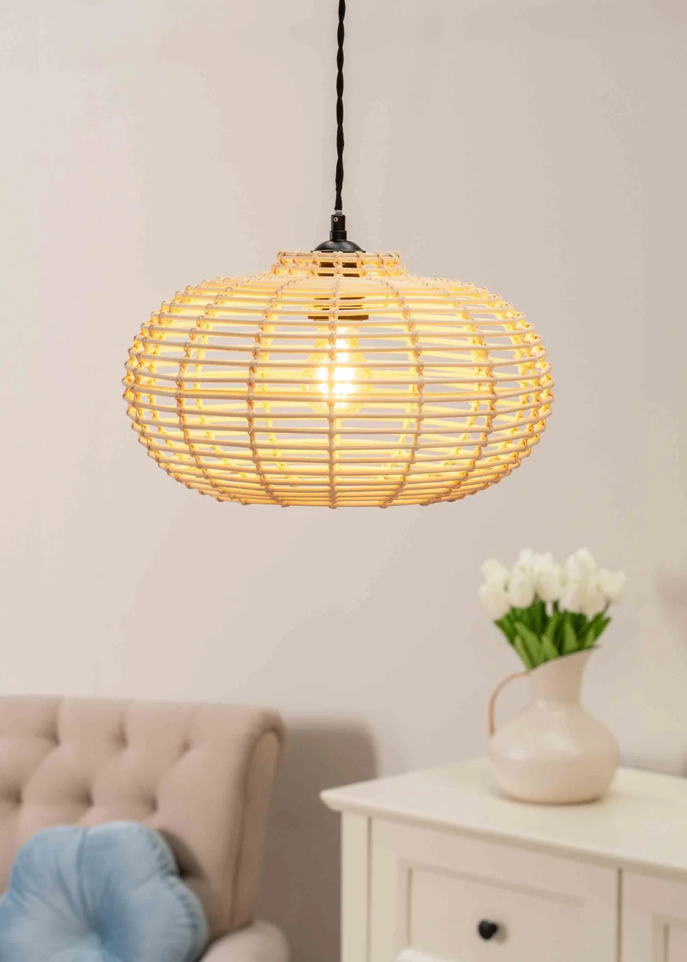 ValueLights Romy Wood Rattan Natural Oval Ceiling Pendant Shade (20cm x 35cm x 35cm) - One Size Image 1
