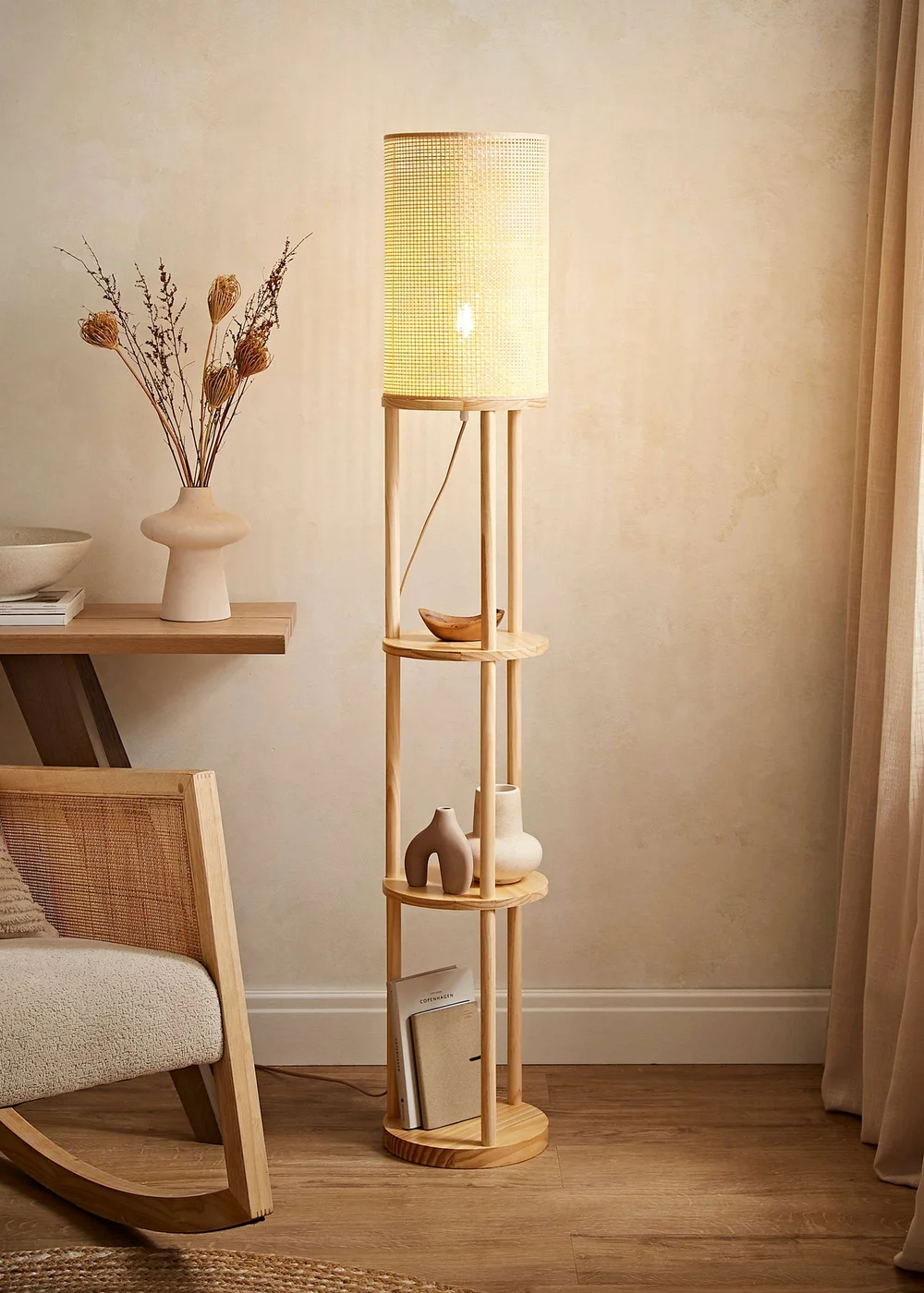 ValueLights Elsa Oak Effect Natural Floor Lamp with Natural Drum Shade - One Size Image 1