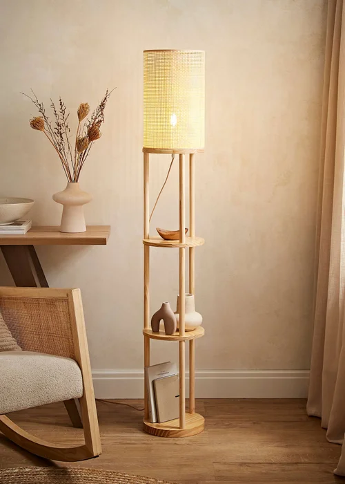 ValueLights Elsa Oak Effect Natural Floor Lamp with Natural Drum Shade - One Size Image 1