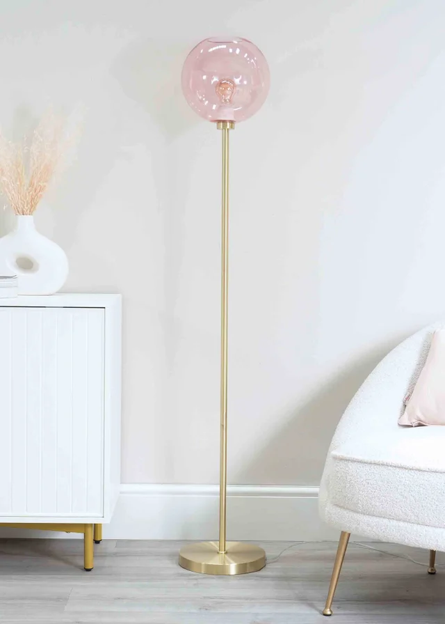 ValueLights Frenchie Gold Floor Lamp with Pink Globe Shade (150cm x 25cm x 25cm)
