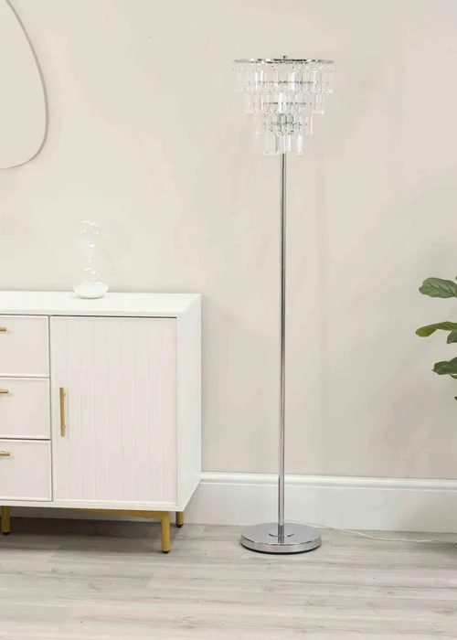 ValueLights Kelsks Chrome Floor Lamp with White Tiered Shade (150.5cm x 30cm x 30cm) - One Size Image 2