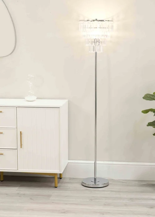 ValueLights Kelsks Chrome Floor Lamp with White Tiered Shade (150.5cm x 30cm x 30cm) - One Size Image 1