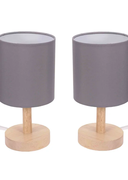 ValueLights Pair of Oak Natural Table Lamp with Grey Drum Shade - One Size Image 4