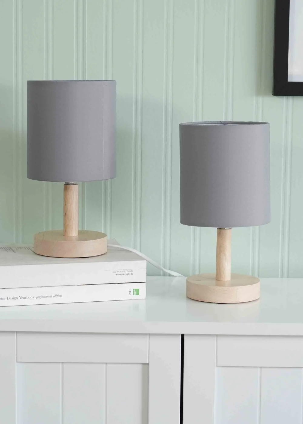 ValueLights Pair of Oak Natural Table Lamp with Grey Drum Shade - One Size Image 1