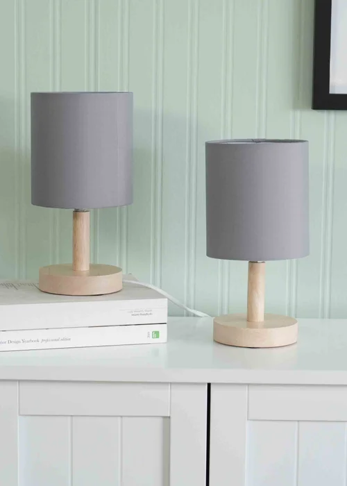 ValueLights Pair of Oak Natural Table Lamp with Grey Drum Shade - One Size Image 1