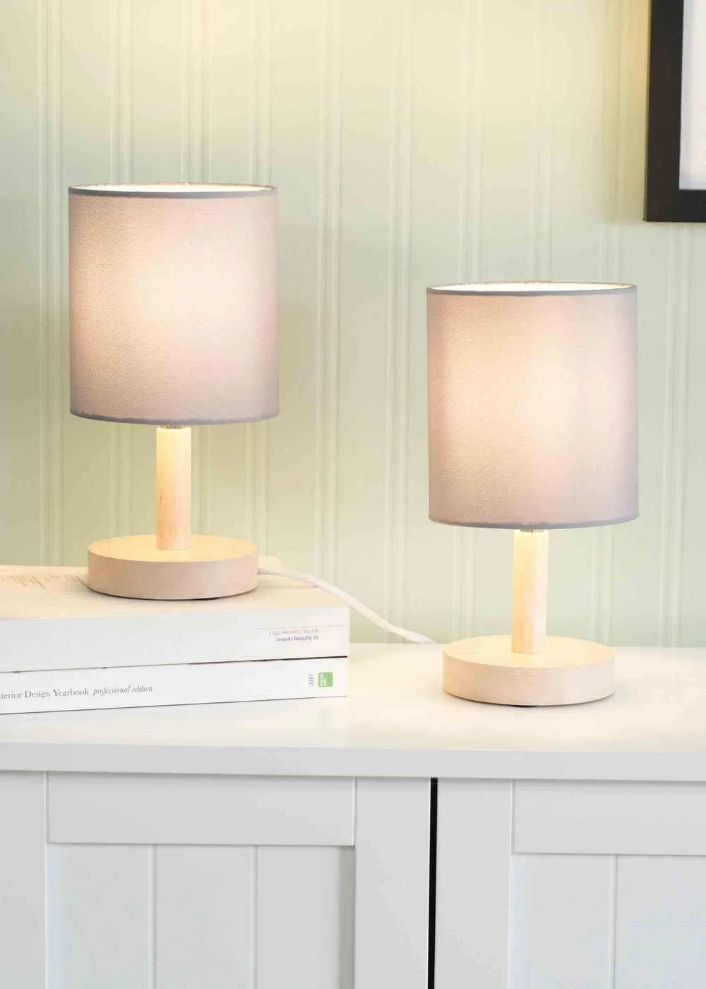 ValueLights Pair of Oak Natural Table Lamp with Grey Drum Shade - One Size Image 2