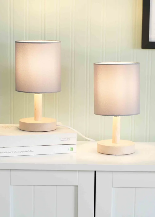 ValueLights Pair of Oak Natural Table Lamp with Grey Drum Shade - One Size Image 2