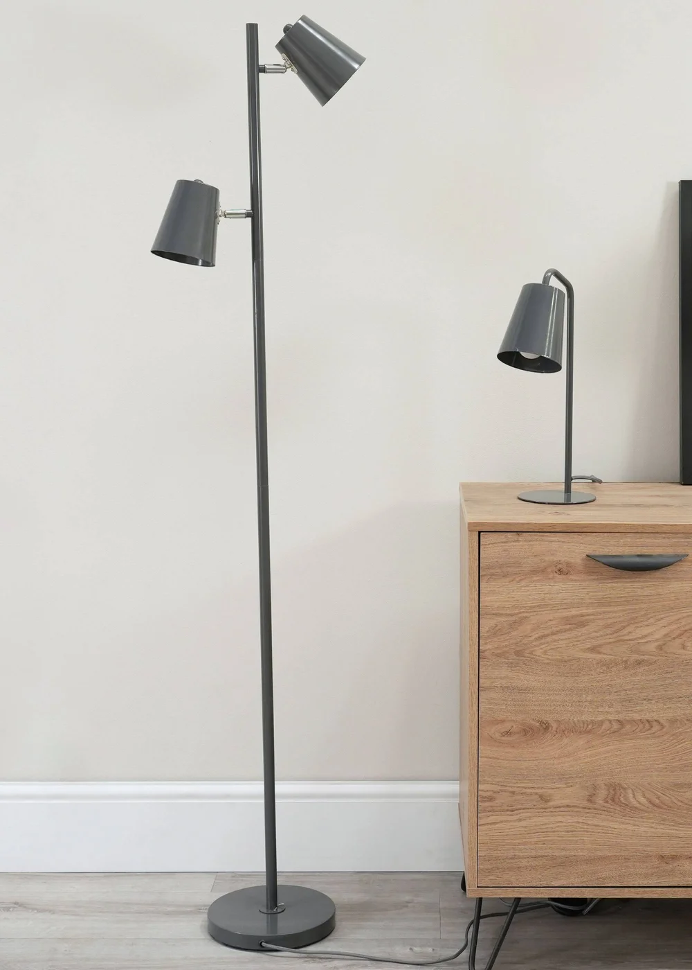 ValueLights Bibi Gloss Grey Floor Lamp with Grey Tapered Shade - One Size Image 1